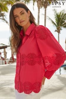 Lipsy Pink Lace Panel Long Sleeve Button Up Shirt (K35757) | INR 5,448