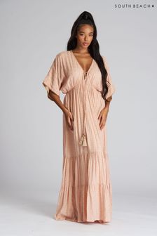 South Beach Pink Metallic Tiered Maxi Dress (K36043) | SGD 77
