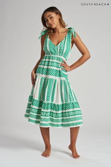 South Beach Green Jacquard Tie Shoulder Summer Dress (K36049) | €57