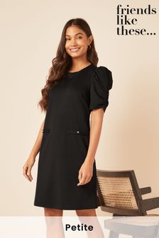 Friends Like These Black Petite Short Puff Sleeve Round Neck Shift Dress (K36084) | AED194