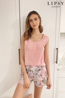 różowe kwiatki - Lipsy piżama z dżerseju: koszulka bez rękawów i plisowane szorty (K36230) | 214 zł