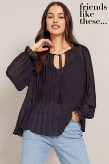 Friends Like These Black Pleated Sheer Tie Front Ruffle Long Sleeve Blouse (K36242) | €16