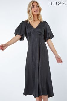 Dusk Black Puff Sleeve Satin Midi Dress (K36336) | €29