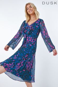 Dusk Blue Rose Print Chiffon Midi Dress (K36354) | €41