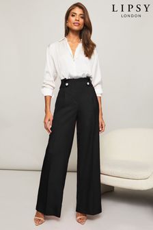 Lipsy Black Petite High Waisted Military Button Wide Leg Trousers (K36594) | INR 3,574