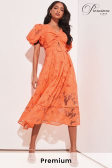 Lipsy Orange Premium Cut Out Lace Twist 3D Puff Sleeve Belted Midi Dress (K36878) | INR 11,383