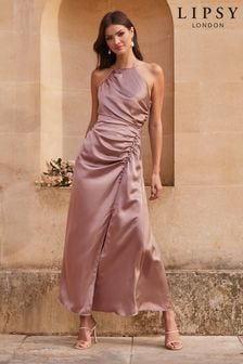 Lipsy Pink Ciara Satin Split Halter Bridesmaid Dress (K36923) | €38