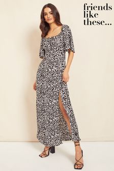Friends Like These Black / White Flutter Sleeve Square Neck Ruched Split Summer Maxi Dress (K36968) | 20 €