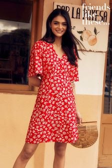 Friends Like These Red V Neck Flutter Sleeve Summer Mini Dress (K37150) | $42