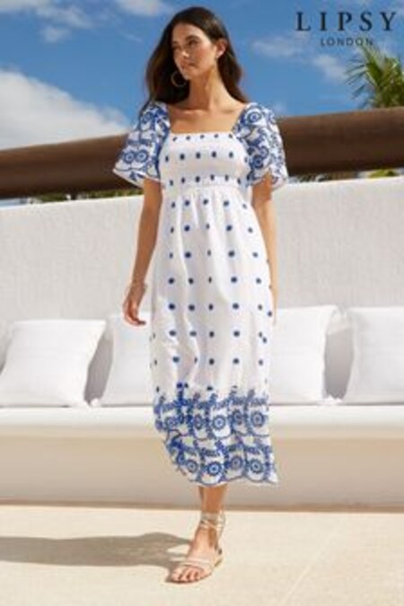 Blanc ivoire - Robe mi-longue froncée en broderie Lipsy (K37217) | €50