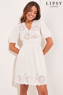 Lipsy White V Neck Scallop Hem Broderie Puff Sleeve Mini Dress (K37225) | €61