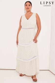 Lipsy Ivory White Curve Foil Printed Metallic V Neck Crochet Lace Trim Maxi Dress (K37275) | €31