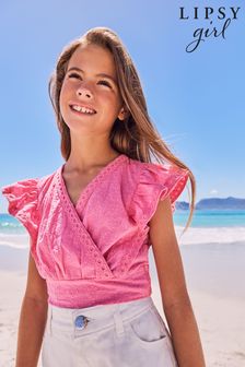 Lipsy Pink Wrap Broderie Ruffle Short Sleeve Top (K37283) | INR 2,205 - INR 2,867