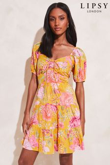 Lipsy Yellow Floral Broderie Ruched Sweatheart Puff Sleeve Tiered Mini Dress (K37306) | $64