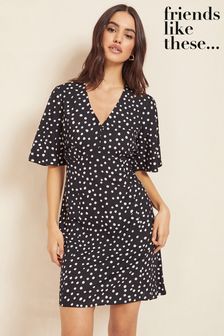 Friends Like These Black/White Spot V Neck Flutter Sleeve Summer Mini Dress (K37482) | €15.50