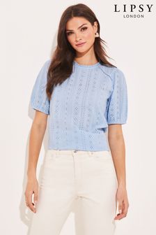 Lipsy Blue Broderie Front Half Sleeve T Shirt (K37492) | €22