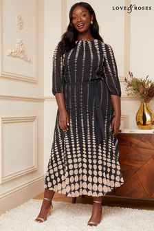 Love & Roses Black and White Spot Curve 3/4 Sleeve Printed Pleated Belted Midi Dress (K37596) | €95