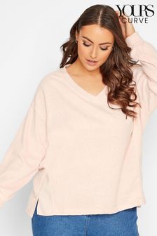 Yours Curve Pink Stretch Drop Shoulder Fleece V-Neck Sweatshirt (K38046) | AED85