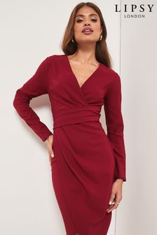 Lipsy Red V Neck Long Sleeve Bodycon Dress (K38128) | €55
