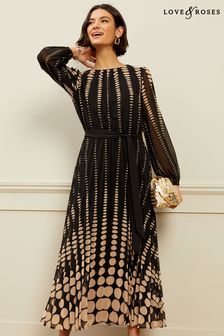 Черно-белый в горошек - Платье миди с длинными рукавами и принтом и поясом Love & Roses (K38195) | €73 - €76