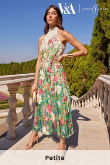 V&A l Love & Roses Ivory Floral Petite Printed Halter Pleated Midi Summer Dress (K38217) | 47 €