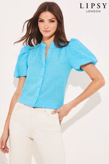 Blau - Lipsy Henley-Hemd mit Puffärmeln, Knopfleiste und Cutwork (K38231) | 20 €