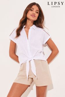 Lipsy White Short Sleeved Tie Front Button Up Shirt (K38232) | $43