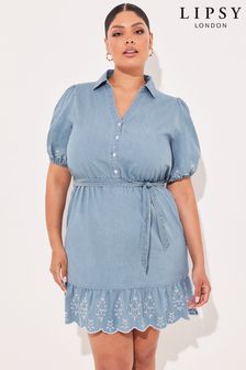Lipsy Blue Curve Broderie Puff Sleeve Belted Shirt Dress (K38245) | $71