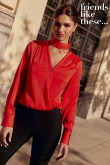 Friends Like These Red Long Sleeve Choker Satin Blouse (K38255) | €13