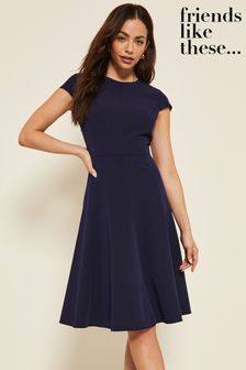 Friends Like These Navy Fit and Flare Cap Sleeve Tailored Dress (K38418) | $97