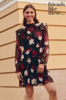 Friends Like These Red Floral Chiffon Tie Back Long Sleeve Mini Dress (K38499) | €18