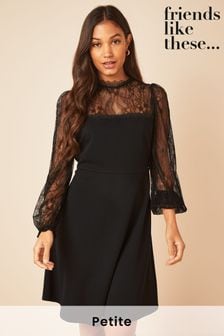 Friends Like These Black Lace Petite Lace Yoke Mini Long Sleeve Dress (K38622) | €53
