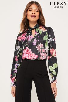 Schwarzes florales Muster - Lipsy Bluse mit Zierausschnitt (K38640) | 46 €