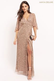 Maya Rose Gold Pink Premium All Over Sequin Wrap Maxi Dress with Satin Waistband (K38642) | $482