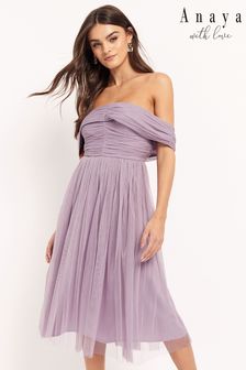 Anaya With Love Dusty Lilac Ruched Bardot Tiered Midi Dress (K38666) | €25