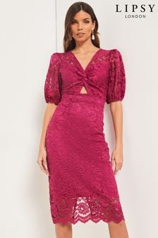 Lipsy Pink Lace Puff Sleeve Cut Out Midi Dress (K38819) | €20.50