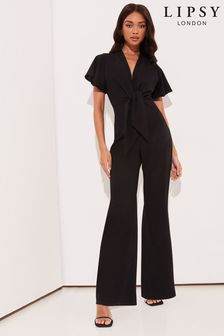 Lipsy Black Flutter Sleeve V Neck Tie Front Wide Leg Jumpsuit (K39016) | 251 QAR