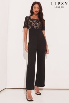 Lipsy Black Petite Lace Square Neck Summer Wide Leg Jumpsuit (K39018) | 204 zł