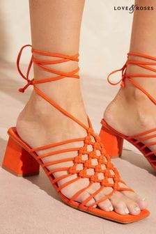Love & Roses Orange Block Heeled Strappy Ankle Tie Low Sandals (K39287) | €33