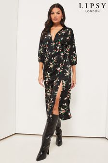 Lipsy Black Floral Petite Jersey Long Sleeved Channelled Waist Midi Dress (K39297) | 31 €