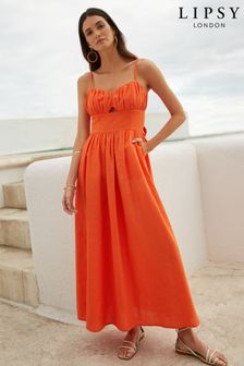 Lipsy Orange Strappy Linen Look Cutwork Maxi Dress (K39306) | €63