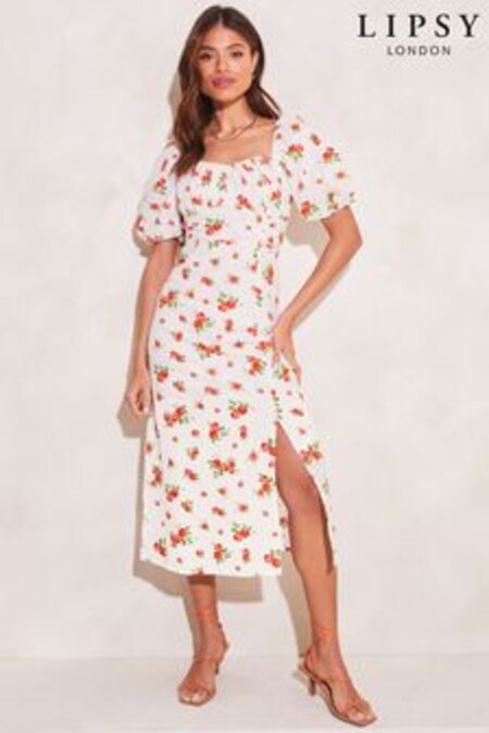 Lipsy Rose Print Milkmaid Puff Sleeve Sweetheart Neck Midi Dress (K39307) | 74 €