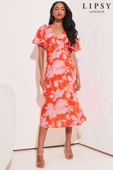 Lipsy Orange / Red Floral V Neck Flutter Sleeve Wrap Waist Tie Midi Dress (K39312) | €32
