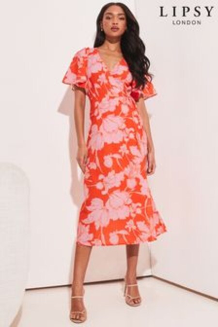 Lipsy Orange / Red Floral V Neck Flutter Sleeve Wrap Waist Tie Midi Dress (K39312) | 77 €