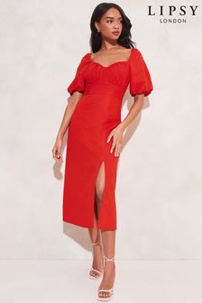 Lipsy Red Milkmaid Puff Sleeve Sweetheart Neck Midi Dress (K39314) | INR 5,892