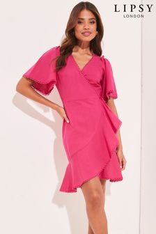 Lipsy Pink Flutter Sleeve Crochet Trim Wrap Ruffle Mini Dress (K39339) | $86