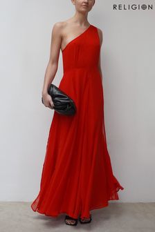 Religion Red One Shoulder Maxi Dress With Full Skirt (K39362) | $145