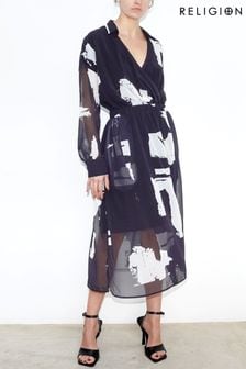 Religion Black Wrap Over Midi Dress (K39363) | €56