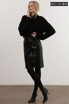 Religion Black Faux Leather Midi Wrap Skirt With Zip Pockets (K39369) | kr701
