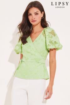 Lipsy Green Floral Print Burnout Puff Sleeve Tie Side V Neck Wrap Blouse (K39408) | DKK240